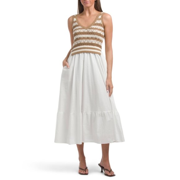ELAN WHITE/TAN Twofer Knit Top Midi Dress - Picture 1 of 2